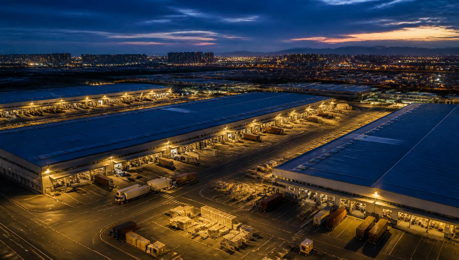 Logistics hub with warehouses and freight trucks at dusk