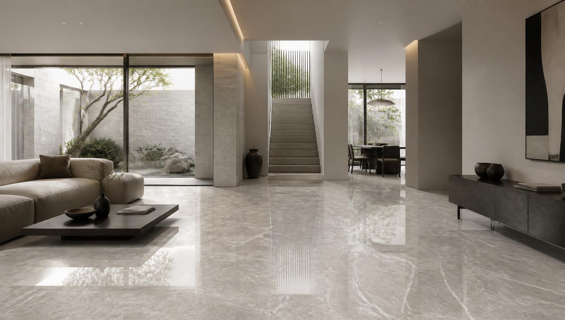Modern interior with polished large-format stone-look floor tiles