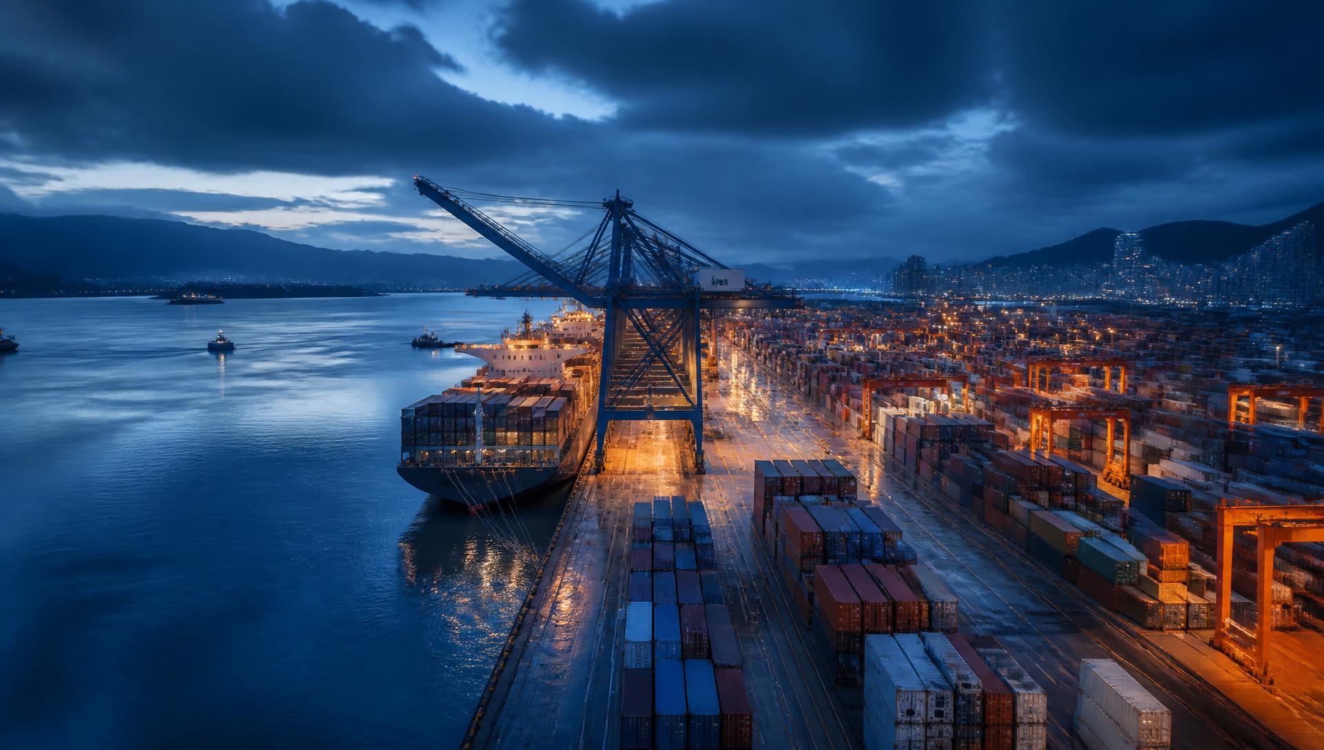 Container ship being loaded at an international shipping port